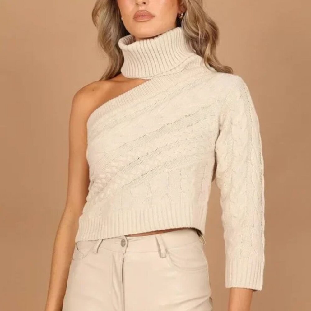 Petal & Pup Goldie Turtleneck One-Shoulder Cut-Out Knit Sweater